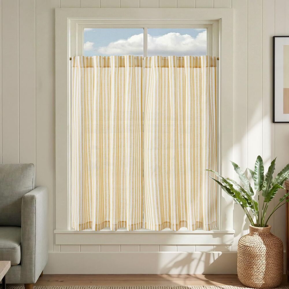 Set of 2 Curtain Panels, 38"W x 45"L Linen Kitchen Tier Curtains, Yellow Stripe
